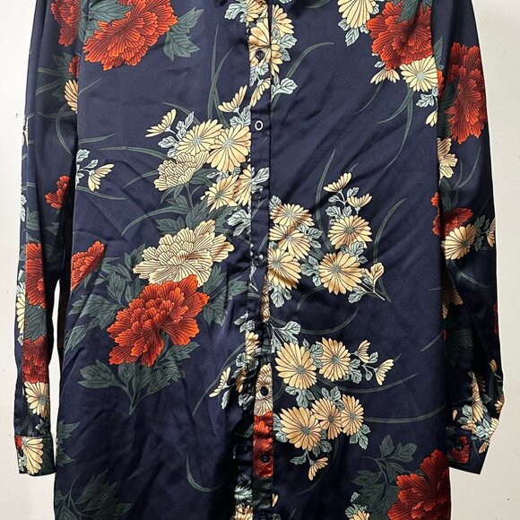 Boohoo Shirt Dress 14 Long Sleeve Floral Artsy Unique Collared Button Front - Picture 9 of 14